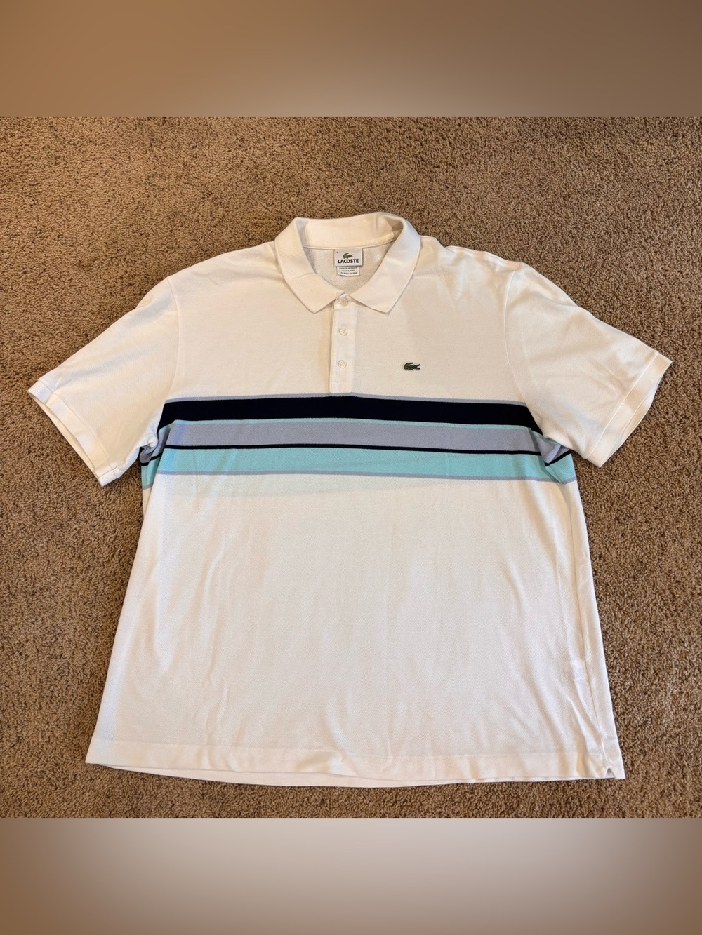 Lacoste Men's White Polo with Navy and Light Blue Stripes, size 3XL